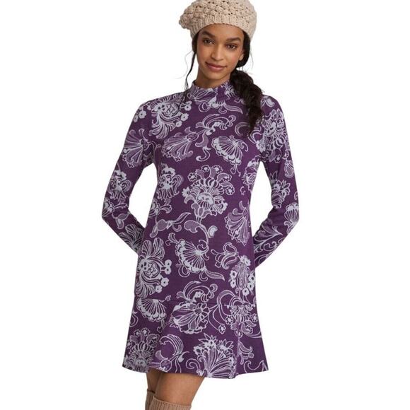 Anthropologie Maeve Knit Sweater Dress Size L Mock Neck Floral Purple Open Back - Picture 1 of 16